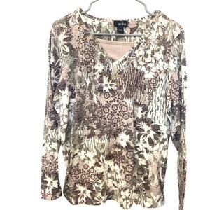 Erika Pullover Top Large Tan Bedazzled Stretch Floral Boho Long Sleeve Casual